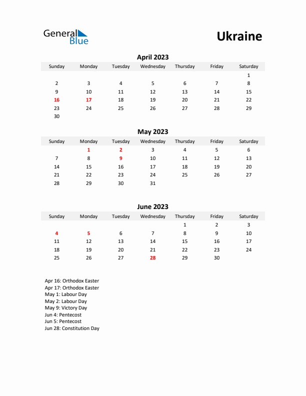 Printable Quarterly Calendar with Notes and Ukraine Holidays- Q2 of 2023