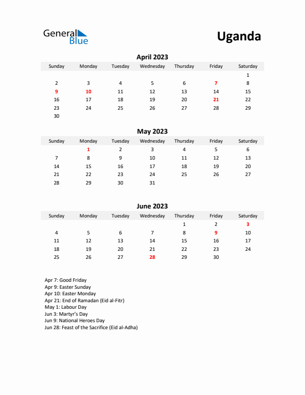 Printable Quarterly Calendar with Notes and Uganda Holidays- Q2 of 2023