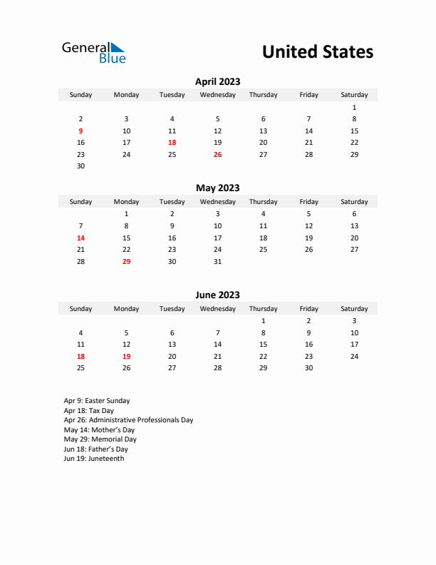 Printable Quarterly Calendar with Notes and United States Holidays- Q2 of 2023