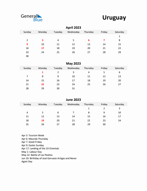 Printable Quarterly Calendar with Notes and Uruguay Holidays- Q2 of 2023