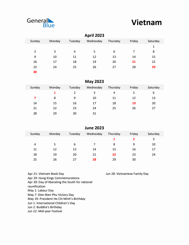 Printable Quarterly Calendar with Notes and Vietnam Holidays- Q2 of 2023