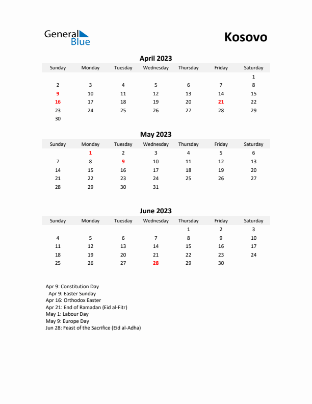 Printable Quarterly Calendar with Notes and Kosovo Holidays- Q2 of 2023