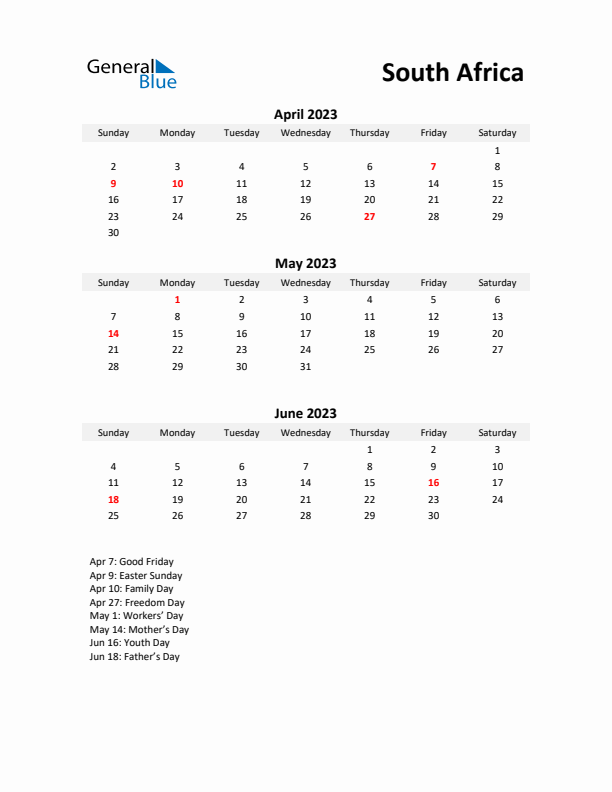 Printable Quarterly Calendar with Notes and South Africa Holidays- Q2 of 2023