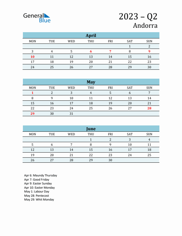 Three-Month Planner for Q2 2023 with Holidays - Andorra