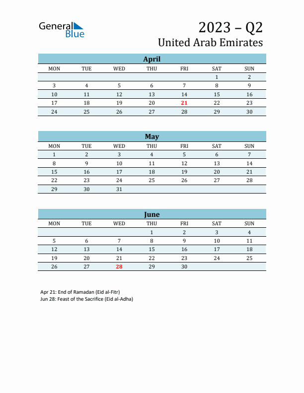 Three-Month Planner for Q2 2023 with Holidays - United Arab Emirates