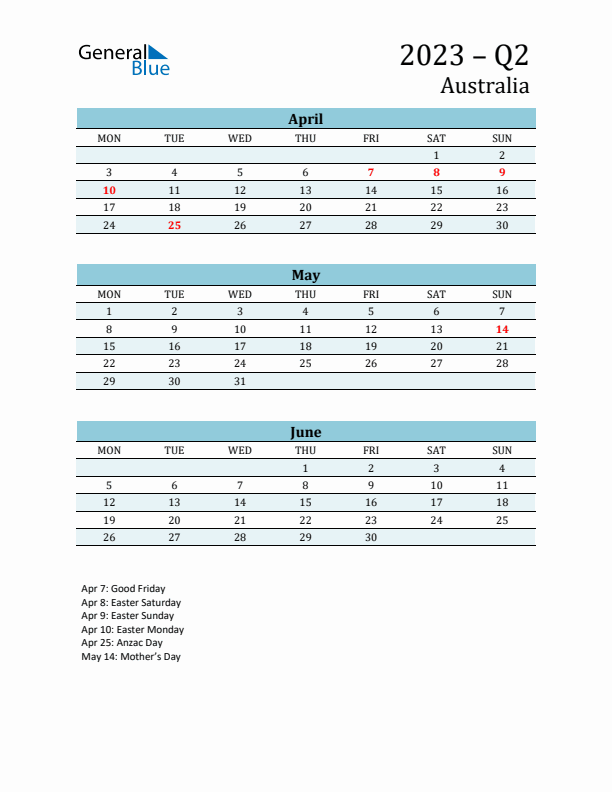 Three-Month Planner for Q2 2023 with Holidays - Australia