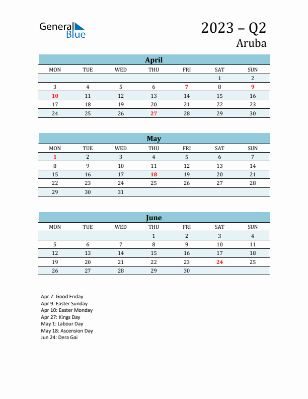 Three-Month Planner for Q2 2023 with Holidays - Aruba