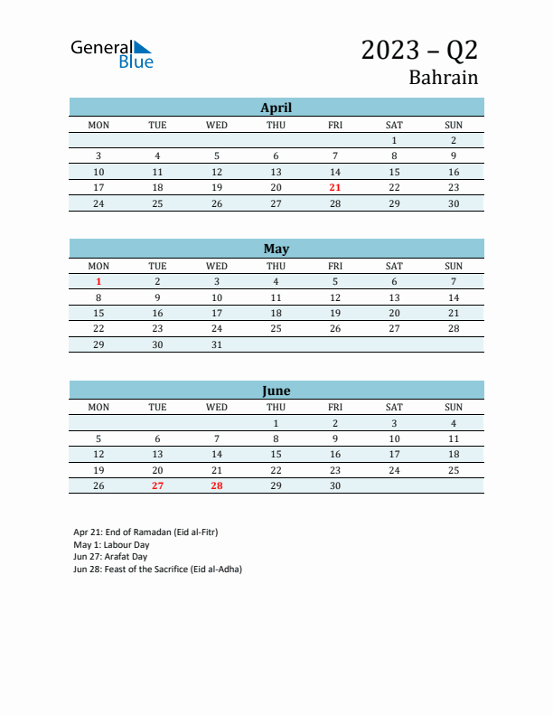 Three-Month Planner for Q2 2023 with Holidays - Bahrain