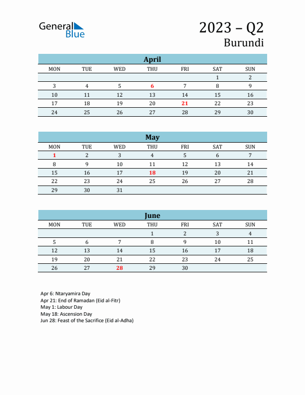 Three-Month Planner for Q2 2023 with Holidays - Burundi