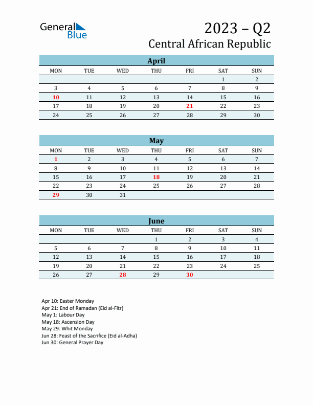 Three-Month Planner for Q2 2023 with Holidays - Central African Republic