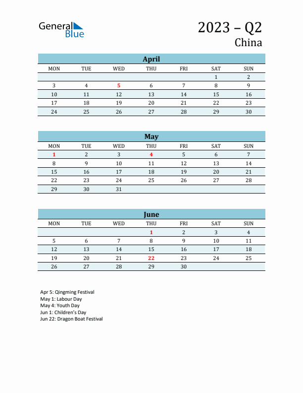 Three-Month Planner for Q2 2023 with Holidays - China