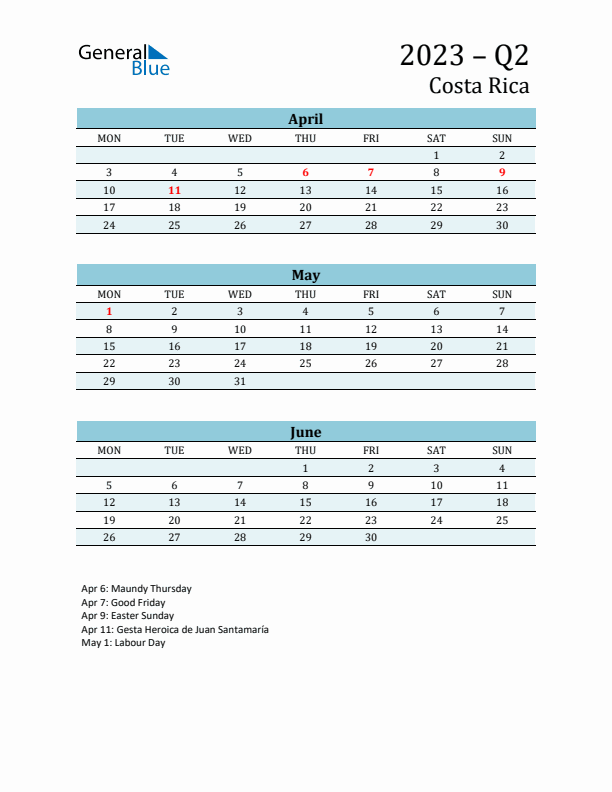 Three-Month Planner for Q2 2023 with Holidays - Costa Rica