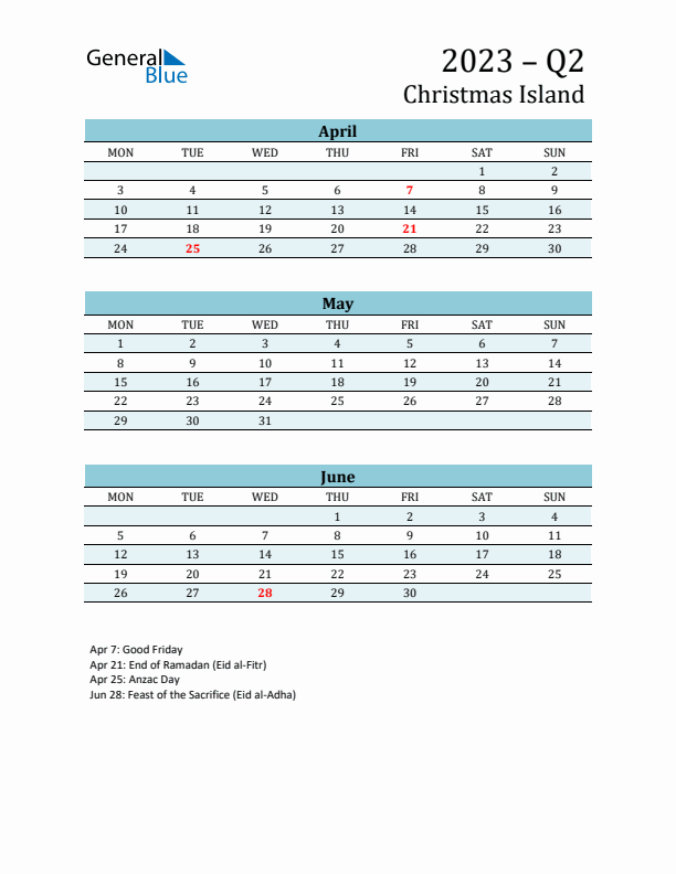 Three-Month Planner for Q2 2023 with Holidays - Christmas Island