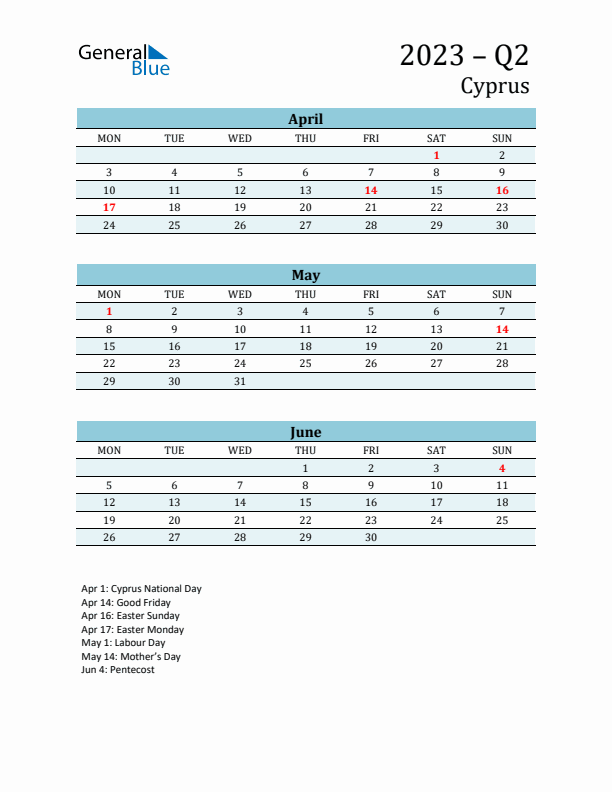 Three-Month Planner for Q2 2023 with Holidays - Cyprus