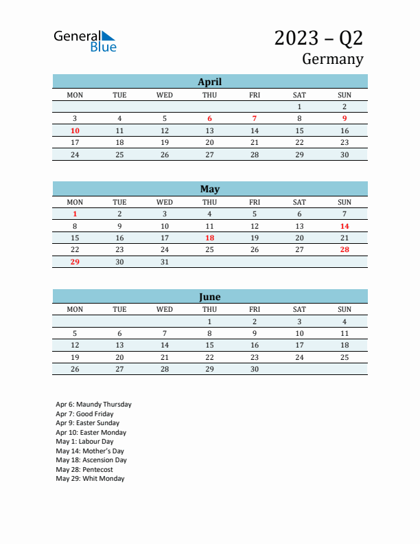 Three-Month Planner for Q2 2023 with Holidays - Germany