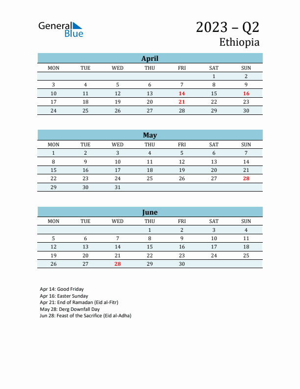 Three-Month Planner for Q2 2023 with Holidays - Ethiopia