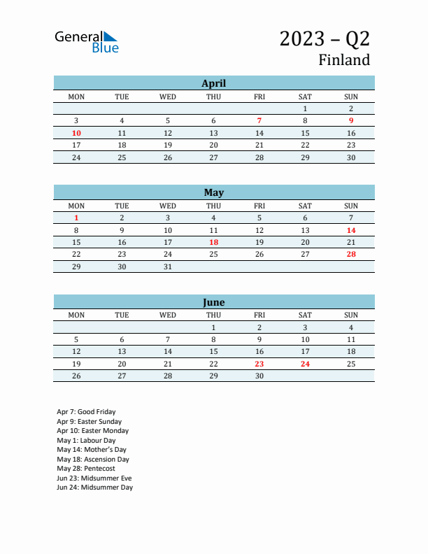 Three-Month Planner for Q2 2023 with Holidays - Finland