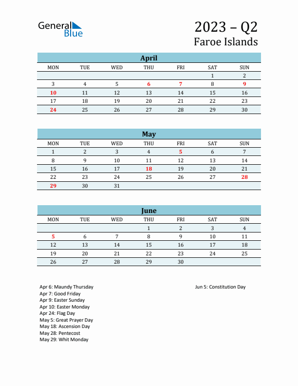 Three-Month Planner for Q2 2023 with Holidays - Faroe Islands