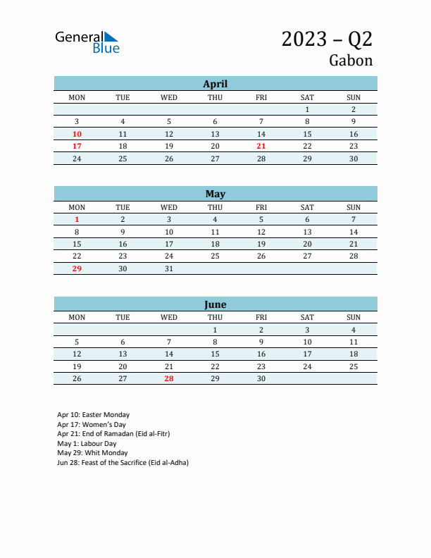 Three-Month Planner for Q2 2023 with Holidays - Gabon