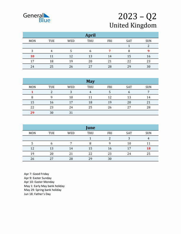 Three-Month Planner for Q2 2023 with Holidays - United Kingdom