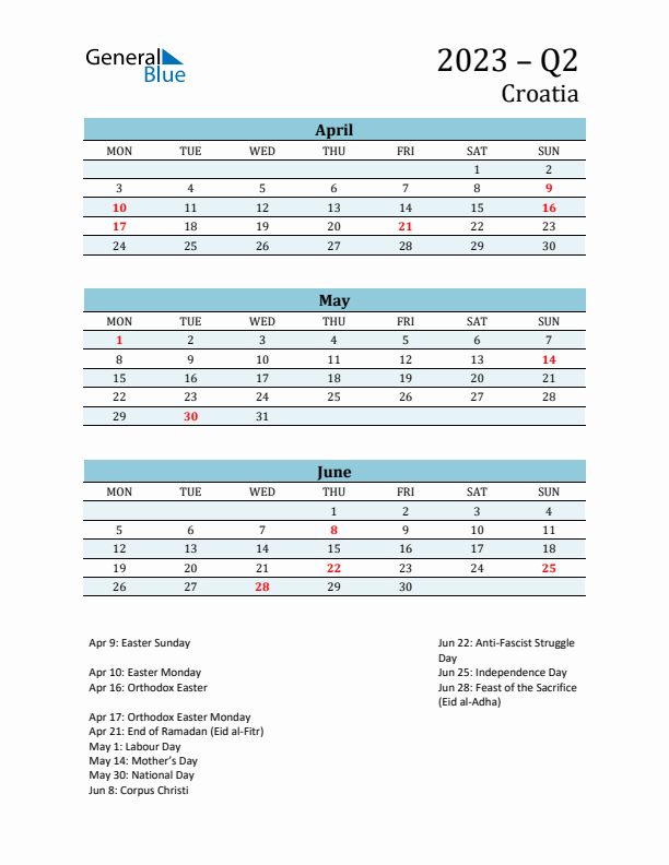 Three-Month Planner for Q2 2023 with Holidays - Croatia