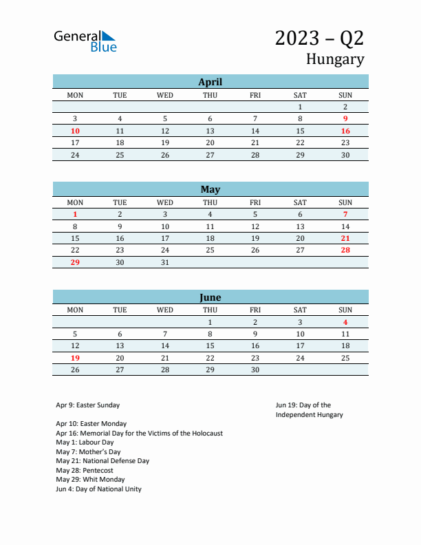 Three-Month Planner for Q2 2023 with Holidays - Hungary