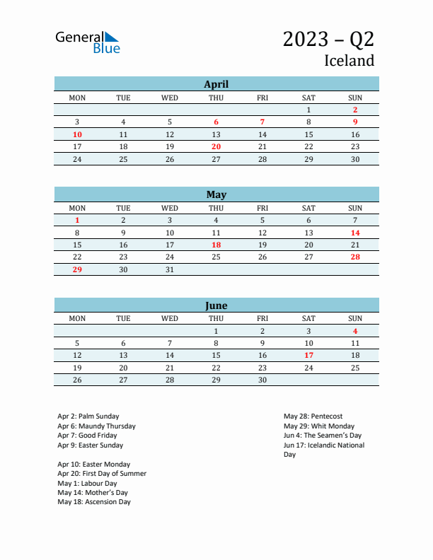 Three-Month Planner for Q2 2023 with Holidays - Iceland