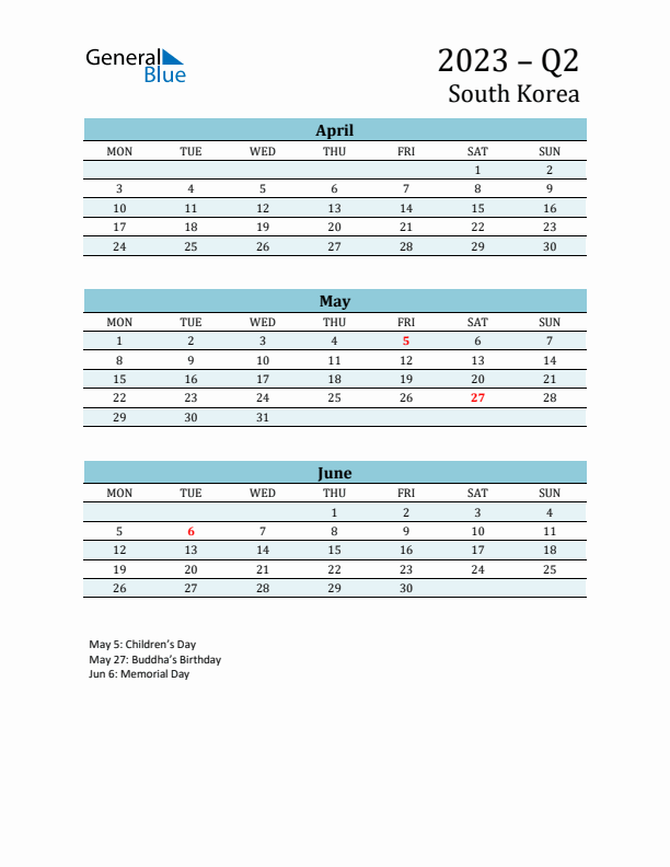 Three-Month Planner for Q2 2023 with Holidays - South Korea