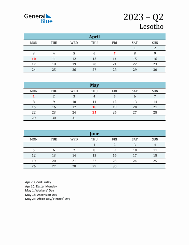 Three-Month Planner for Q2 2023 with Holidays - Lesotho