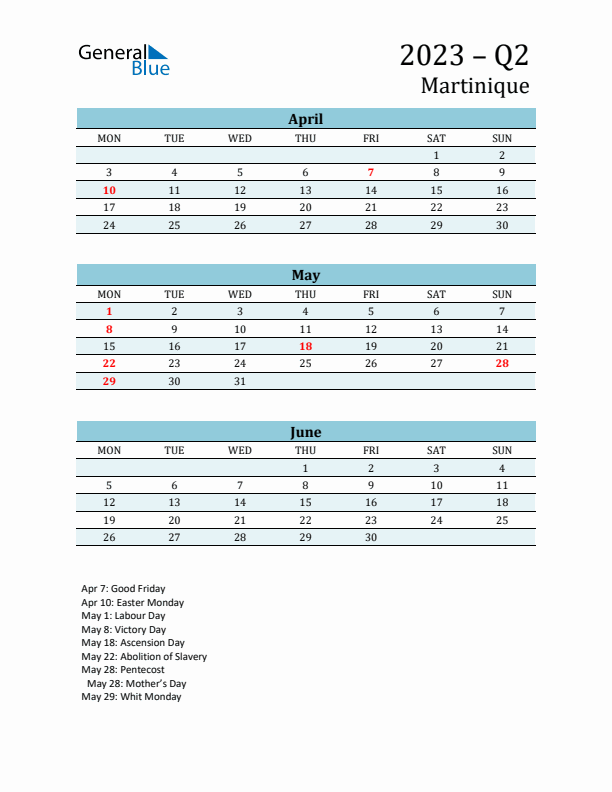 Three-Month Planner for Q2 2023 with Holidays - Martinique