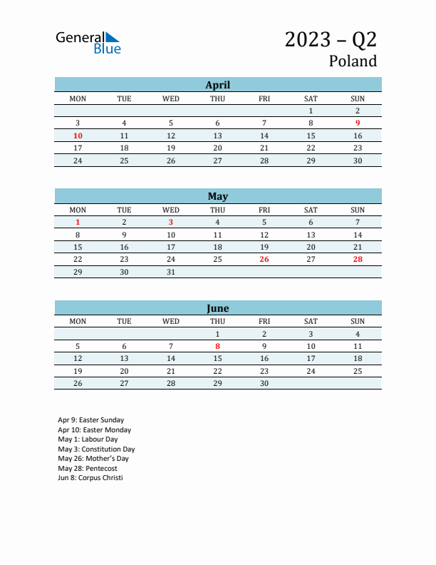 Three-Month Planner for Q2 2023 with Holidays - Poland