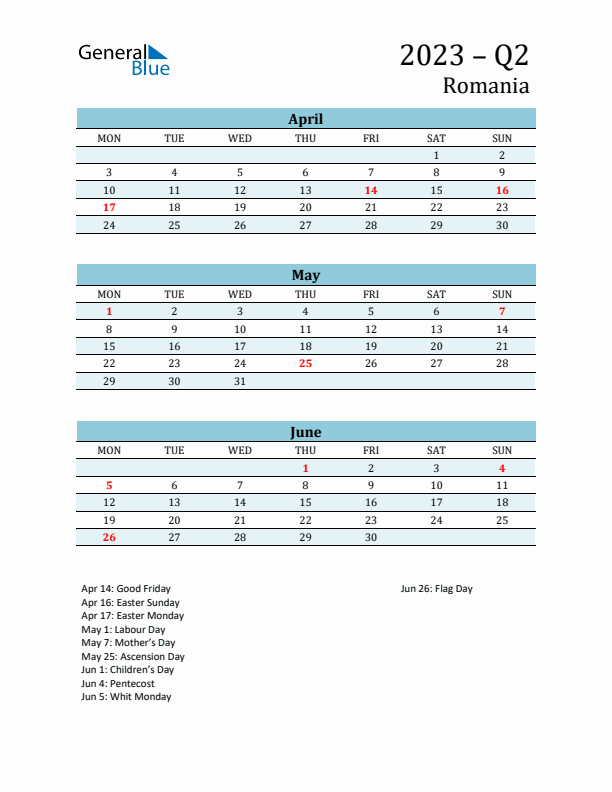 Three-Month Planner for Q2 2023 with Holidays - Romania