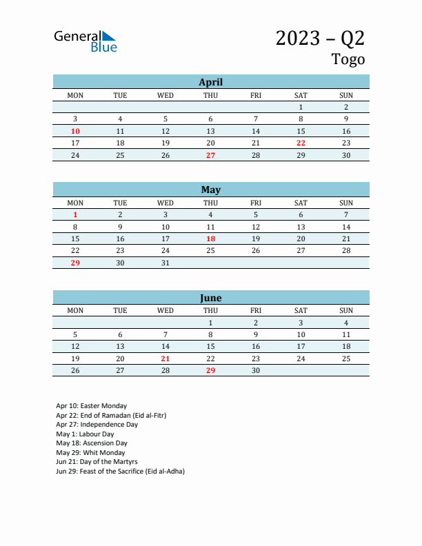 Three-Month Planner for Q2 2023 with Holidays - Togo