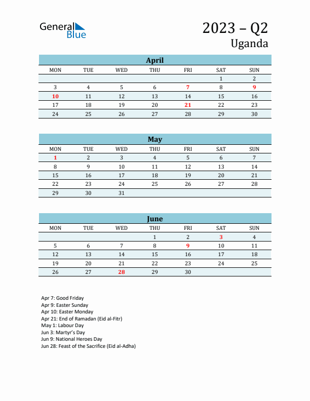 Three-Month Planner for Q2 2023 with Holidays - Uganda