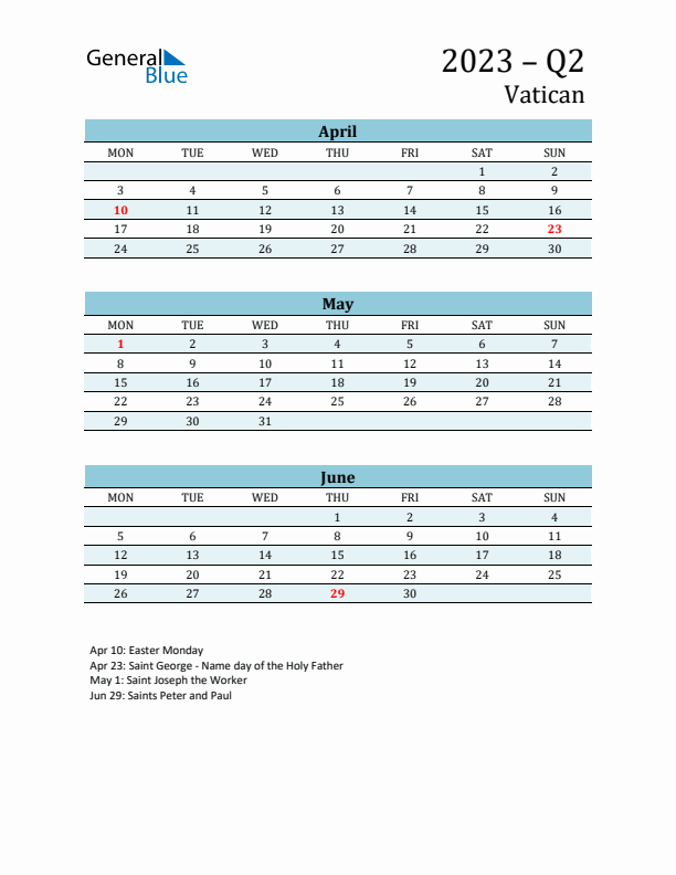 Three-Month Planner for Q2 2023 with Holidays - Vatican