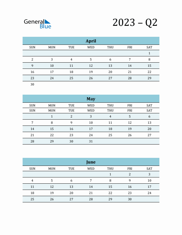 April, May, and June 2023 Calendar