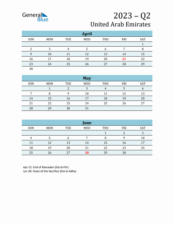 Three-Month Planner for Q2 2023 with Holidays - United Arab Emirates