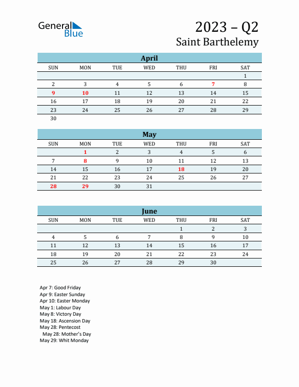 Three-Month Planner for Q2 2023 with Holidays - Saint Barthelemy