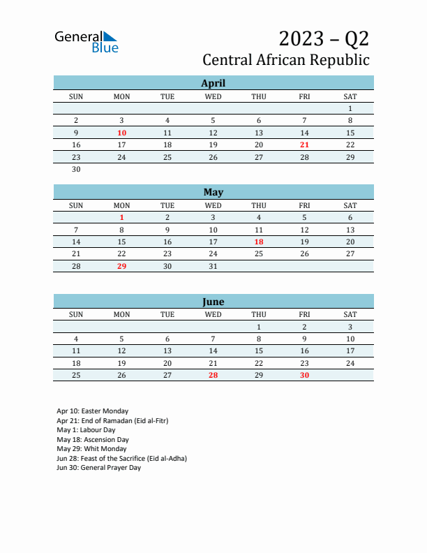 Three-Month Planner for Q2 2023 with Holidays - Central African Republic