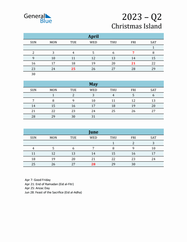 Three-Month Planner for Q2 2023 with Holidays - Christmas Island