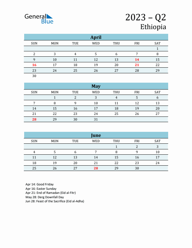 Three-Month Planner for Q2 2023 with Holidays - Ethiopia