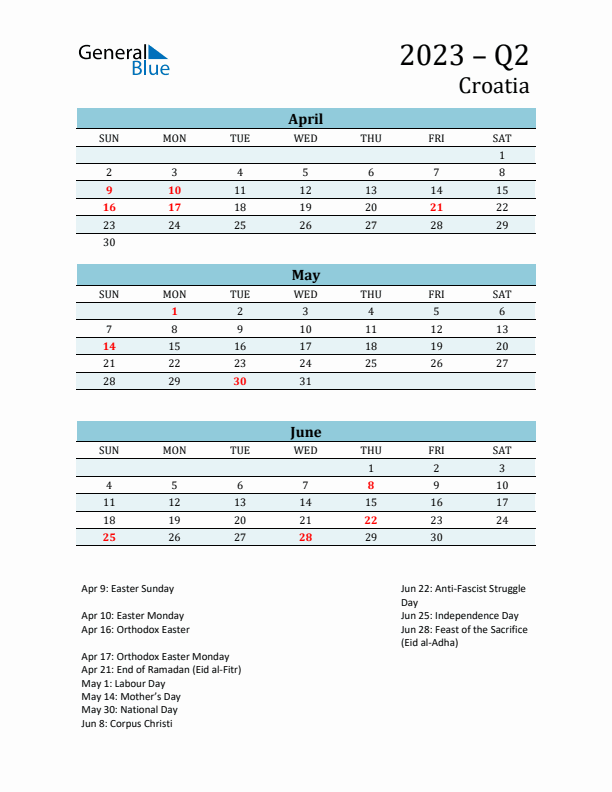 Three-Month Planner for Q2 2023 with Holidays - Croatia