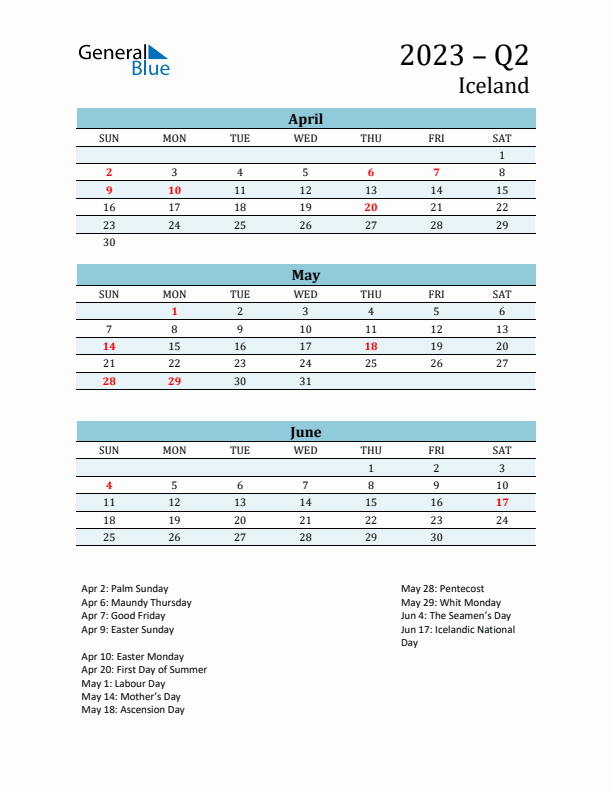 Three-Month Planner for Q2 2023 with Holidays - Iceland