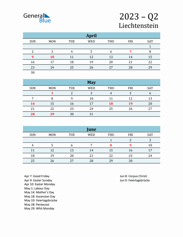 Three-Month Planner for Q2 2023 with Holidays - Liechtenstein