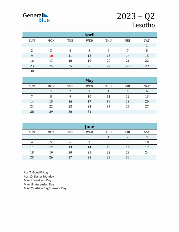 Three-Month Planner for Q2 2023 with Holidays - Lesotho