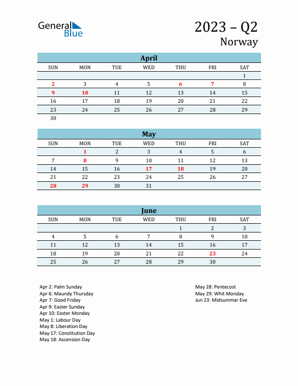 Three-Month Planner for Q2 2023 with Holidays - Norway