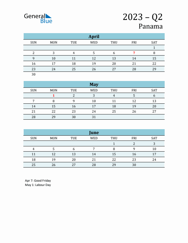 Three-Month Planner for Q2 2023 with Holidays - Panama