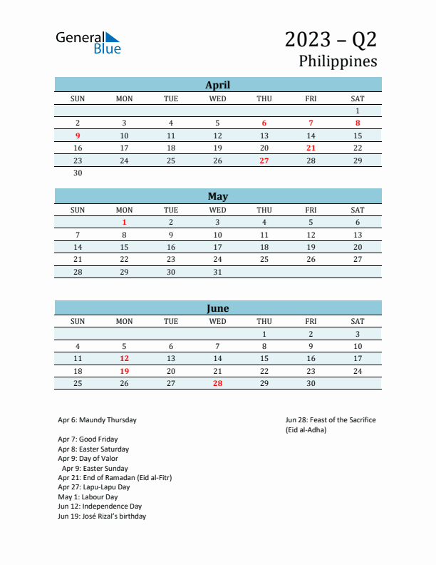 Three-Month Planner for Q2 2023 with Holidays - Philippines