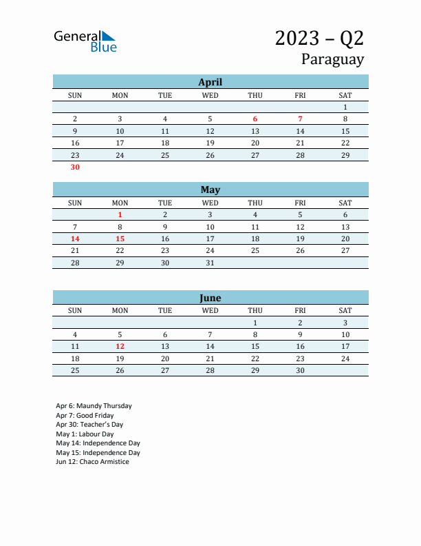 Three-Month Planner for Q2 2023 with Holidays - Paraguay