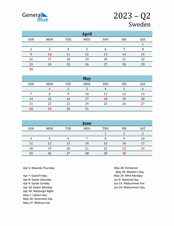 Three-Month Planner for Q2 2023 with Holidays - Sweden